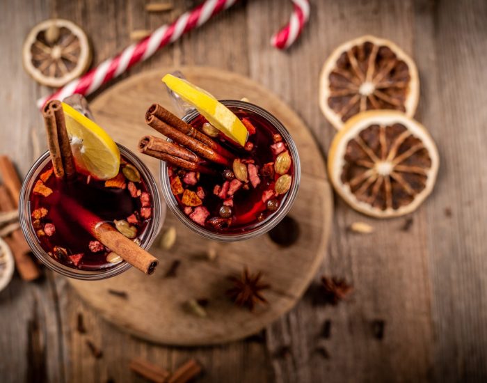 Top view of glasses with mulled wine